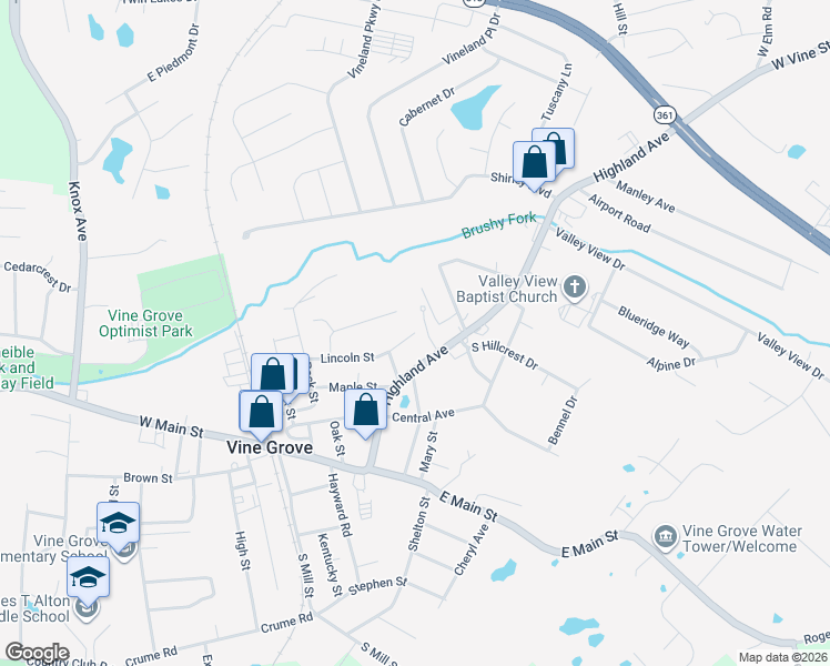 map of restaurants, bars, coffee shops, grocery stores, and more near 498 Lincoln Street in Vine Grove