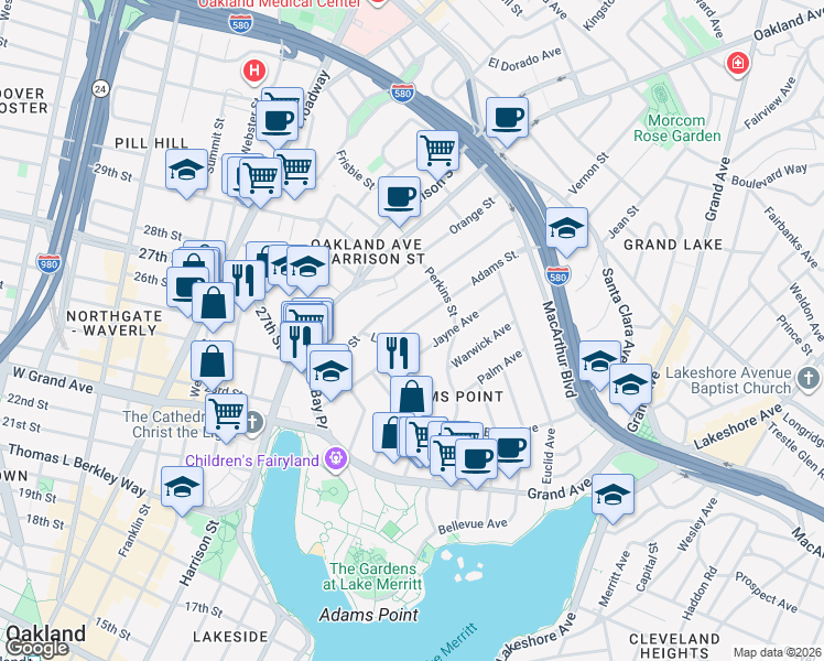 map of restaurants, bars, coffee shops, grocery stores, and more near 265 Adams Street in Oakland