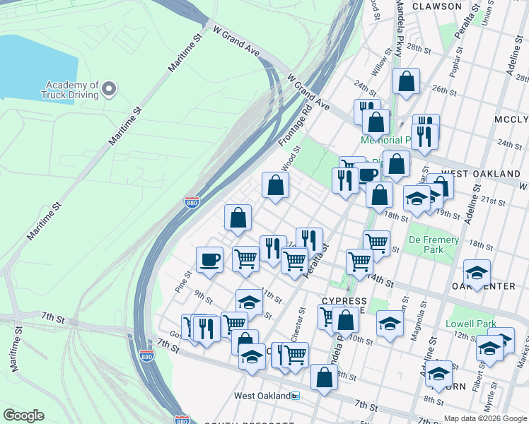map of restaurants, bars, coffee shops, grocery stores, and more near 1719 15th Street in Oakland