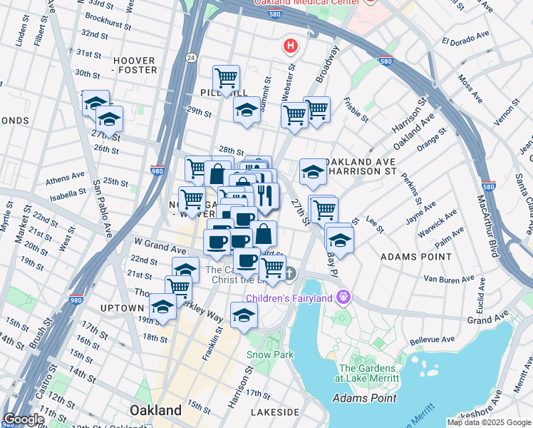 map of restaurants, bars, coffee shops, grocery stores, and more near 2400 Broadway in Oakland