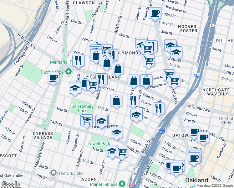 map of restaurants, bars, coffee shops, grocery stores, and more near 2028 Linden Street in Oakland