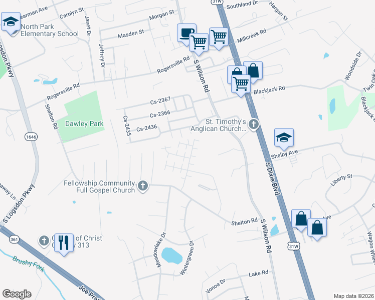 map of restaurants, bars, coffee shops, grocery stores, and more near 101 Braxton Court in Radcliff