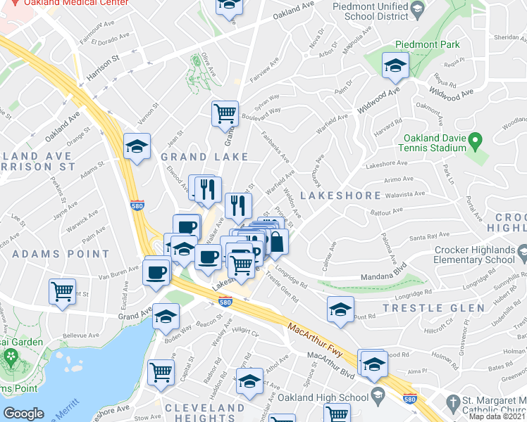 map of restaurants, bars, coffee shops, grocery stores, and more near 531 Prince Street in Oakland