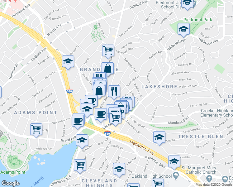 map of restaurants, bars, coffee shops, grocery stores, and more near 826 Warfield Avenue in Oakland