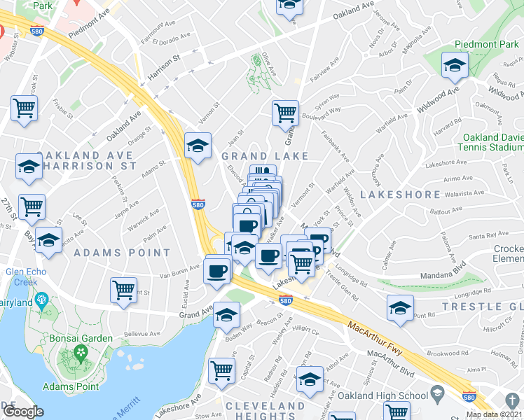 map of restaurants, bars, coffee shops, grocery stores, and more near 3415 Grand Avenue in Oakland