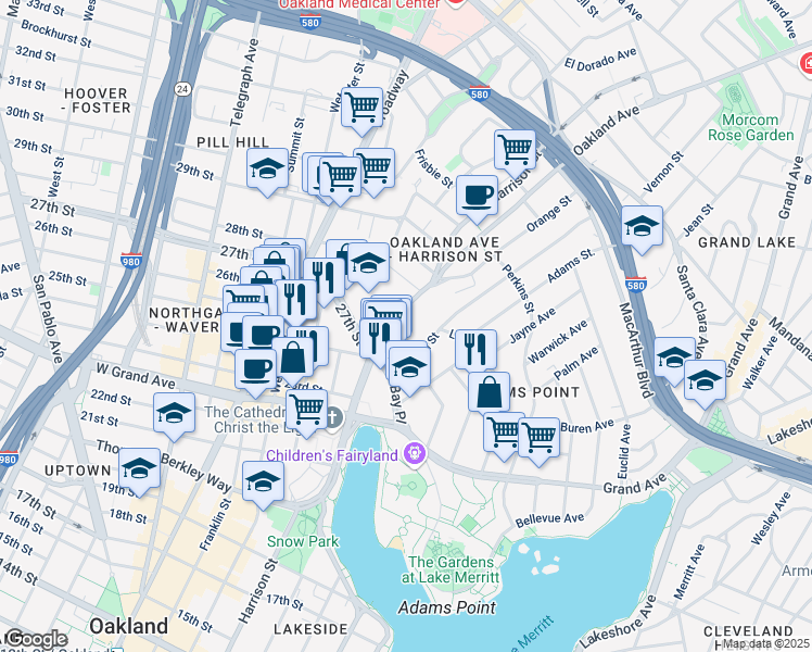 map of restaurants, bars, coffee shops, grocery stores, and more near 2600 Harrison Street in Oakland