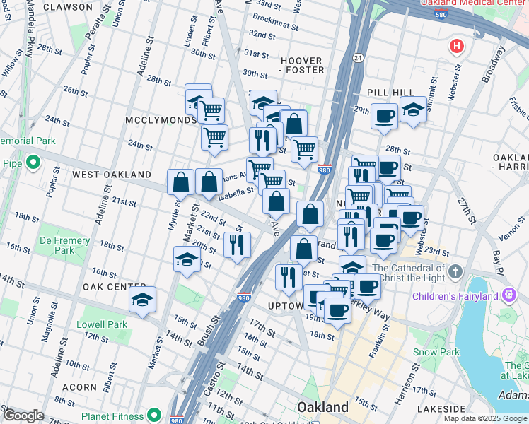 map of restaurants, bars, coffee shops, grocery stores, and more near 2288 San Pablo Avenue in Oakland