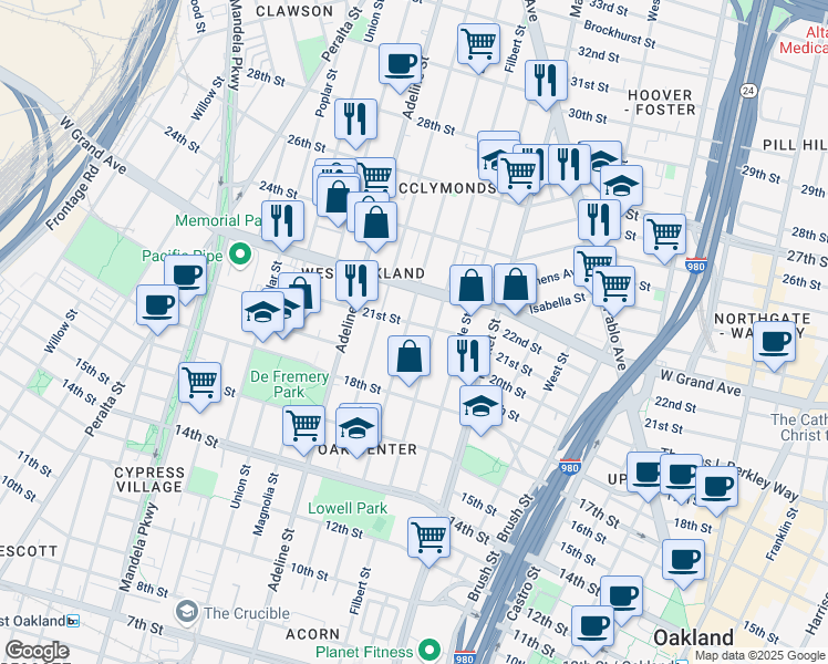 map of restaurants, bars, coffee shops, grocery stores, and more near 2023 Filbert Street in Oakland