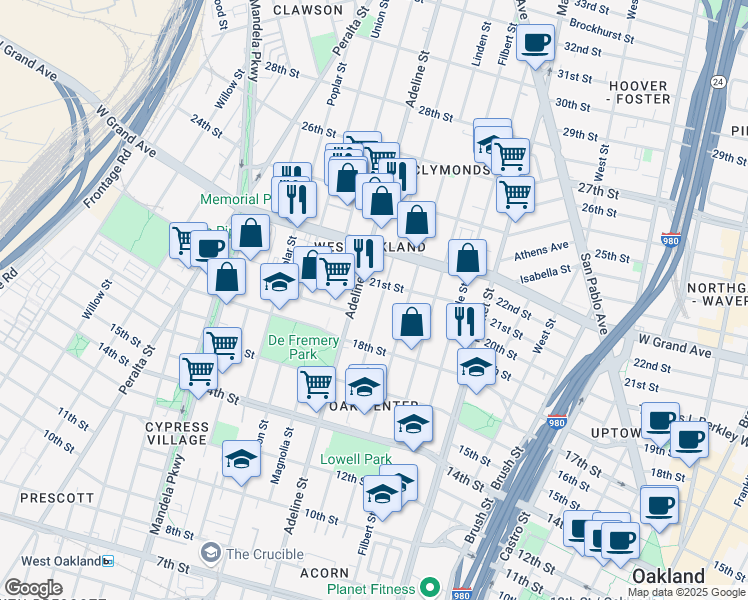 map of restaurants, bars, coffee shops, grocery stores, and more near 1912 Adeline Street in Oakland