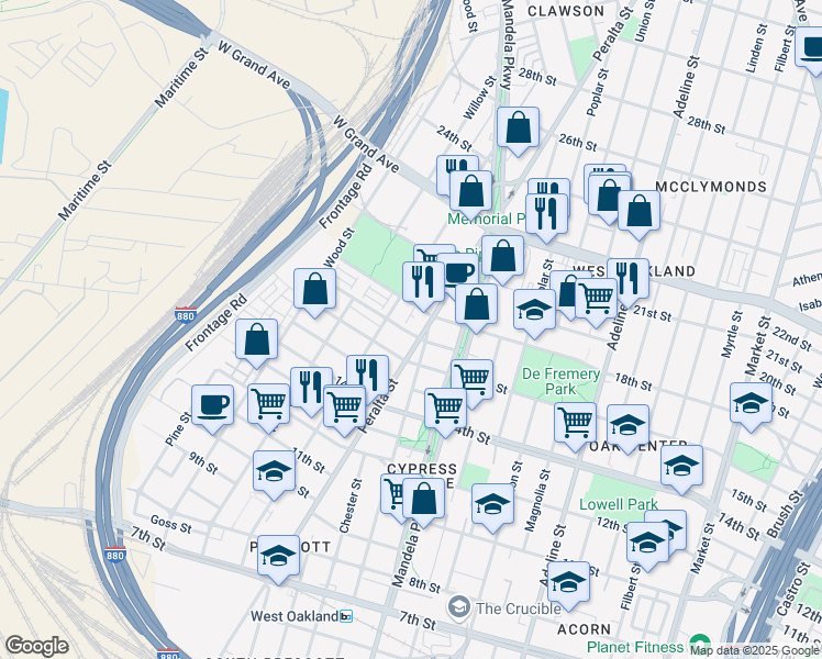 map of restaurants, bars, coffee shops, grocery stores, and more near 1704 Center Street in Oakland