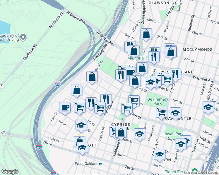 map of restaurants, bars, coffee shops, grocery stores, and more near 1614 Campbell Street in Oakland