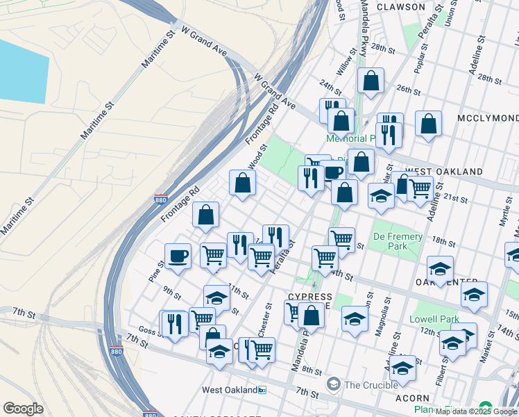 map of restaurants, bars, coffee shops, grocery stores, and more near 1673 16th Street in Oakland