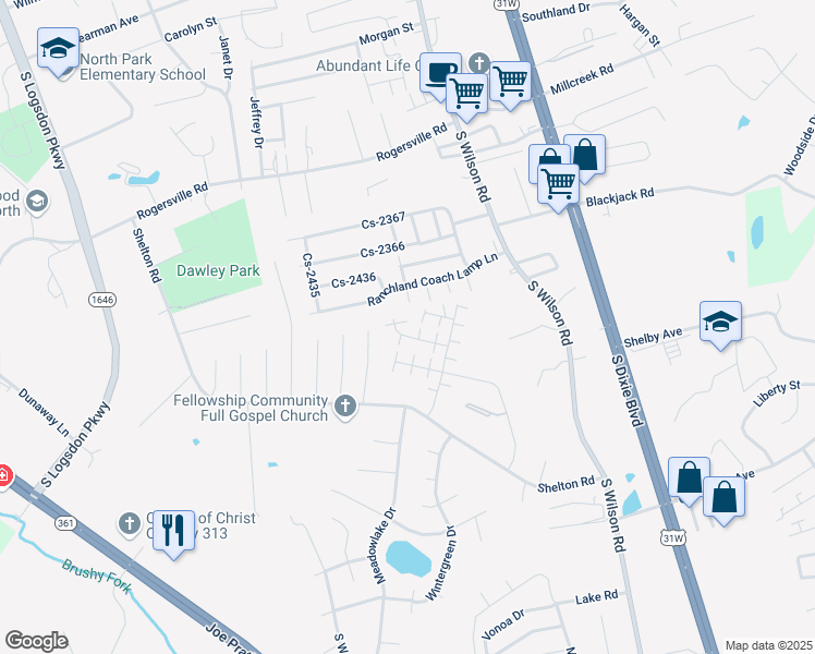 map of restaurants, bars, coffee shops, grocery stores, and more near 104 Kenilworth Court in Radcliff