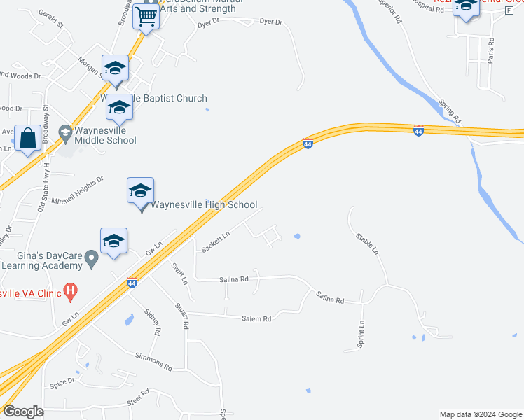 map of restaurants, bars, coffee shops, grocery stores, and more near 19706 Sackett Lane in Waynesville