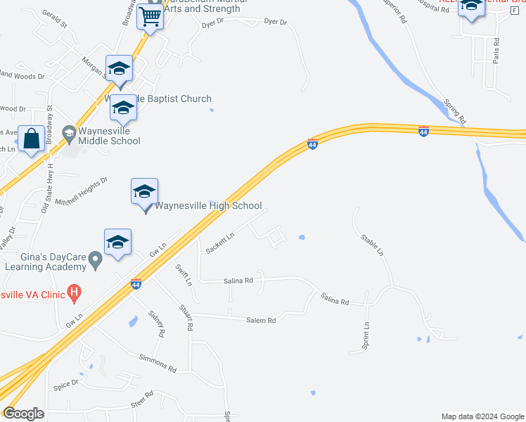 map of restaurants, bars, coffee shops, grocery stores, and more near 19706 Sackett Lane in Waynesville