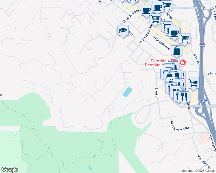 map of restaurants, bars, coffee shops, grocery stores, and more near 7 Sky Terrace in Danville