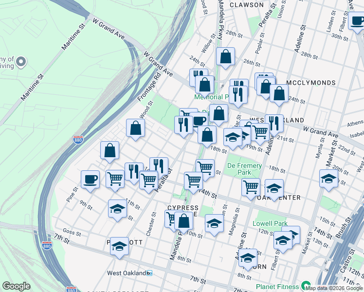 map of restaurants, bars, coffee shops, grocery stores, and more near 1709 Peralta Street in Oakland