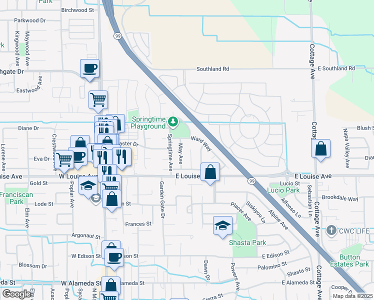 map of restaurants, bars, coffee shops, grocery stores, and more near 1188 May Avenue in Manteca