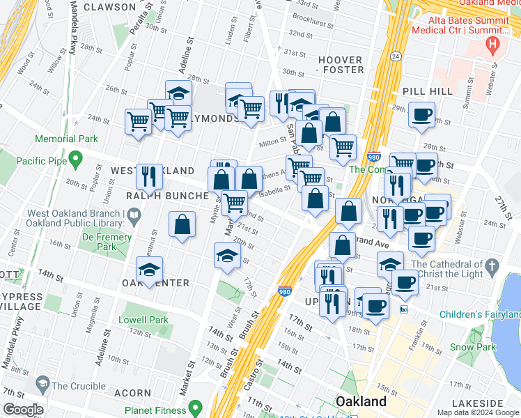 map of restaurants, bars, coffee shops, grocery stores, and more near 2222 Curtis Street in Oakland