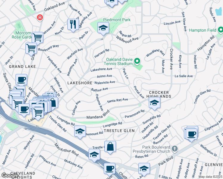 map of restaurants, bars, coffee shops, grocery stores, and more near 4132 Balfour Avenue in Oakland