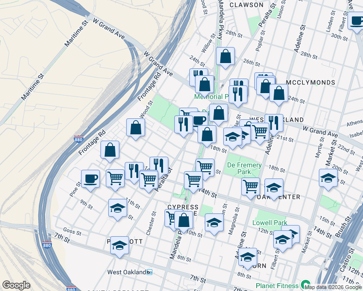 map of restaurants, bars, coffee shops, grocery stores, and more near 1704 Center Street in Oakland