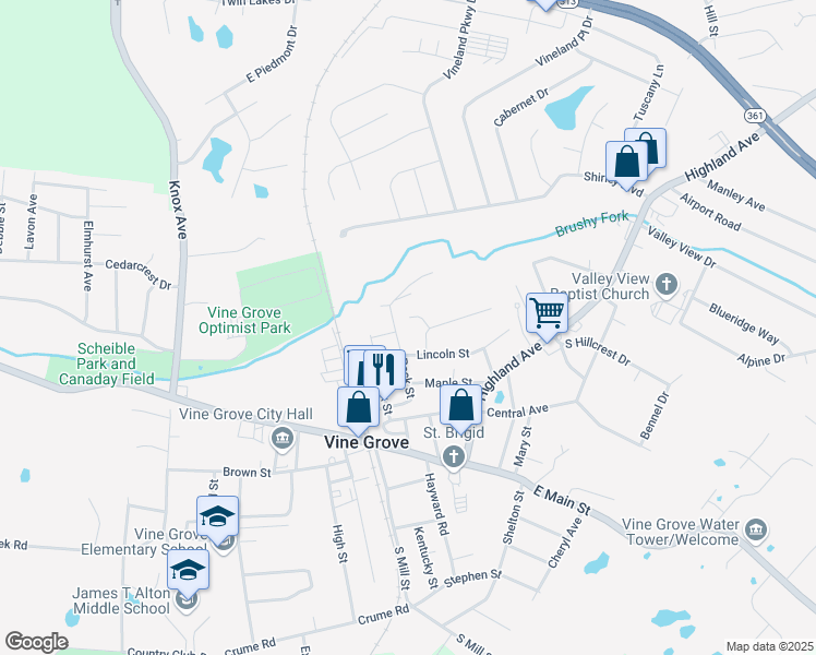 map of restaurants, bars, coffee shops, grocery stores, and more near 103 Glenhaven Court in Vine Grove