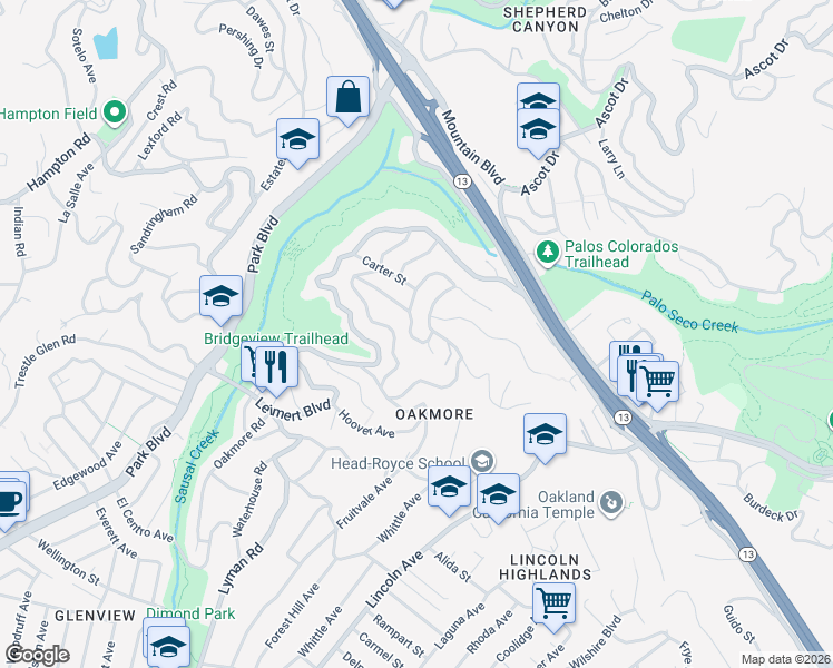 map of restaurants, bars, coffee shops, grocery stores, and more near 1932 Melvin Road in Oakland
