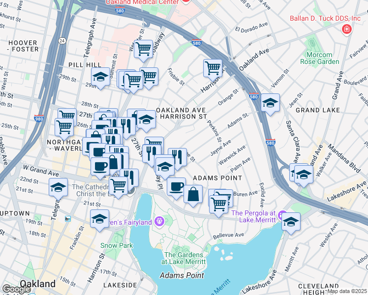 map of restaurants, bars, coffee shops, grocery stores, and more near 97 Vernon Street in Oakland