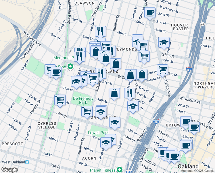 map of restaurants, bars, coffee shops, grocery stores, and more near 2012 Chestnut Street in Oakland