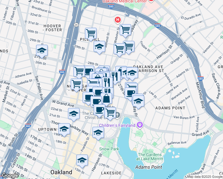 map of restaurants, bars, coffee shops, grocery stores, and more near 2412 Valdez Street in Oakland