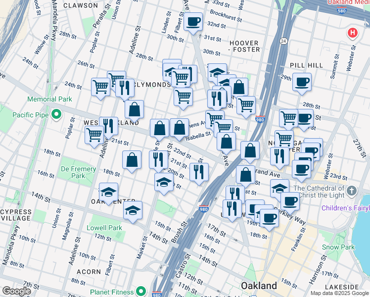 map of restaurants, bars, coffee shops, grocery stores, and more near 861 West Grand Avenue in Oakland