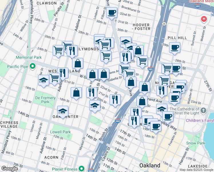 map of restaurants, bars, coffee shops, grocery stores, and more near 861 West Grand Avenue in Oakland