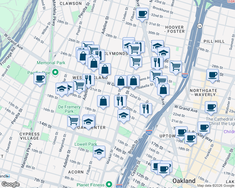map of restaurants, bars, coffee shops, grocery stores, and more near 2103 Myrtle Street in Oakland