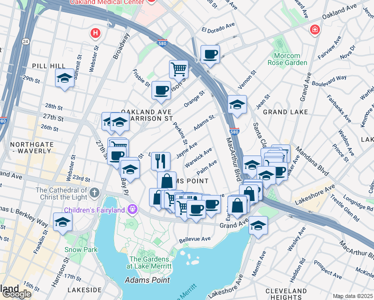map of restaurants, bars, coffee shops, grocery stores, and more near Jayne Avenue in Oakland