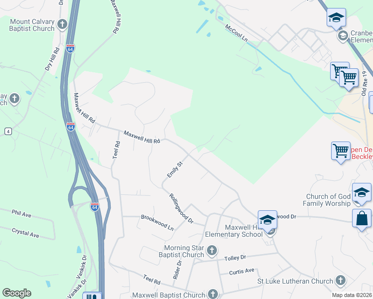 map of restaurants, bars, coffee shops, grocery stores, and more near 1304 Maxwell Hill Road in Beckley