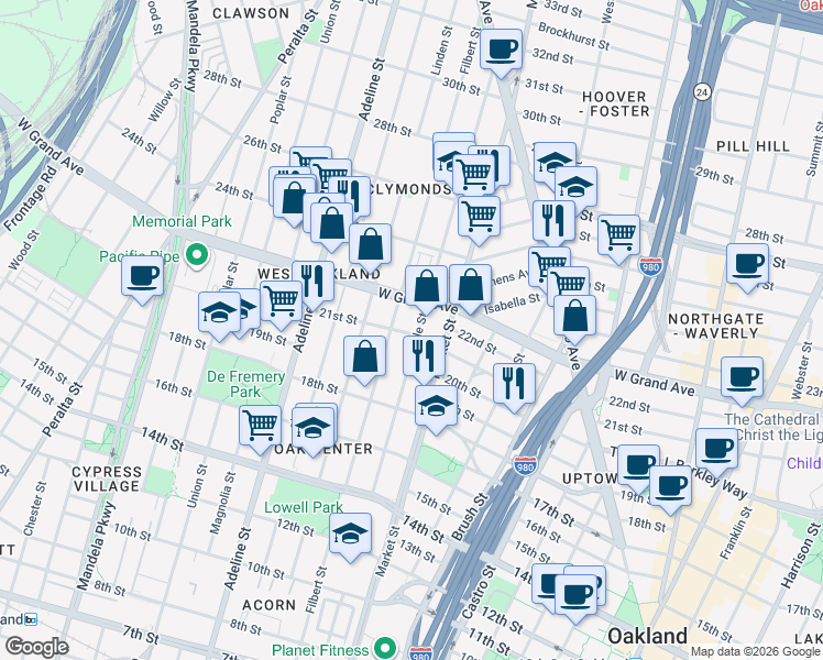 map of restaurants, bars, coffee shops, grocery stores, and more near 2103 Myrtle Street in Oakland