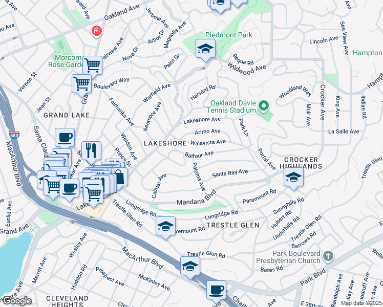 map of restaurants, bars, coffee shops, grocery stores, and more near 3925 Balfour Avenue in Oakland