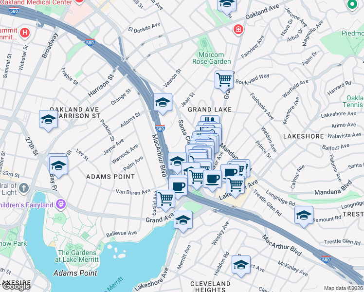 map of restaurants, bars, coffee shops, grocery stores, and more near 480 Crescent Street in Oakland