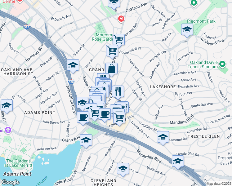 map of restaurants, bars, coffee shops, grocery stores, and more near in Oakland