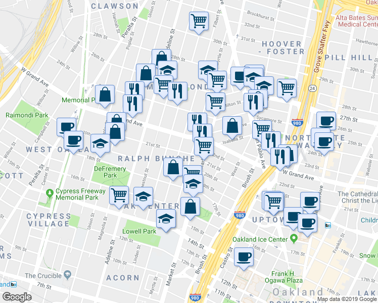 map of restaurants, bars, coffee shops, grocery stores, and more near in Oakland