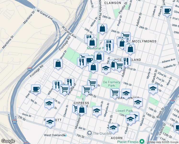 map of restaurants, bars, coffee shops, grocery stores, and more near 1717 Mandela Parkway in Oakland