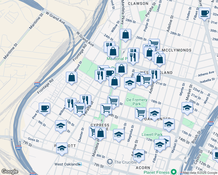 map of restaurants, bars, coffee shops, grocery stores, and more near 1717 Mandela Parkway in Oakland