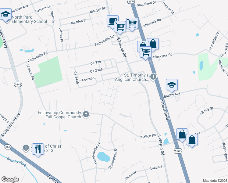 map of restaurants, bars, coffee shops, grocery stores, and more near 114 Hurstfield Drive in Radcliff