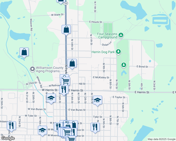 map of restaurants, bars, coffee shops, grocery stores, and more near 400-498 E Bryan St in Herrin