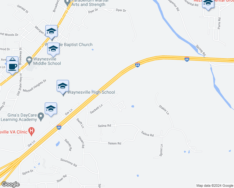 map of restaurants, bars, coffee shops, grocery stores, and more near 19706 Sackett Lane in Waynesville