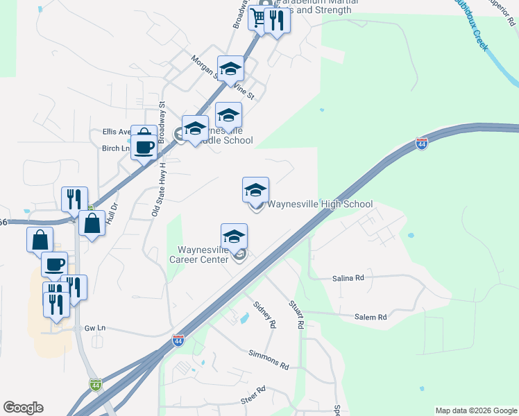 map of restaurants, bars, coffee shops, grocery stores, and more near 200 Gw Lane in Waynesville