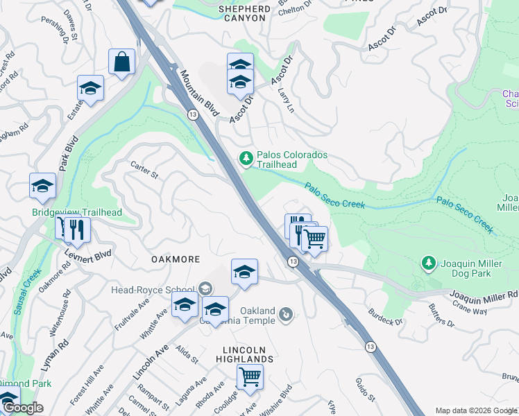 map of restaurants, bars, coffee shops, grocery stores, and more near 2 Woodcrest Circle in Oakland