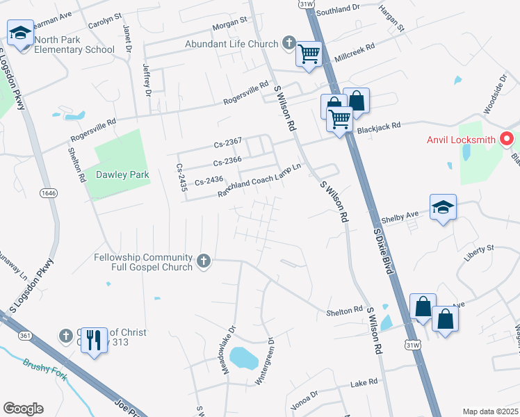 map of restaurants, bars, coffee shops, grocery stores, and more near 103 Braxton Court in Radcliff