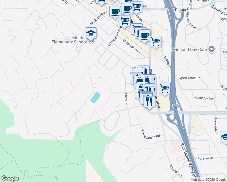 map of restaurants, bars, coffee shops, grocery stores, and more near 174 Town and Country Drive in Danville