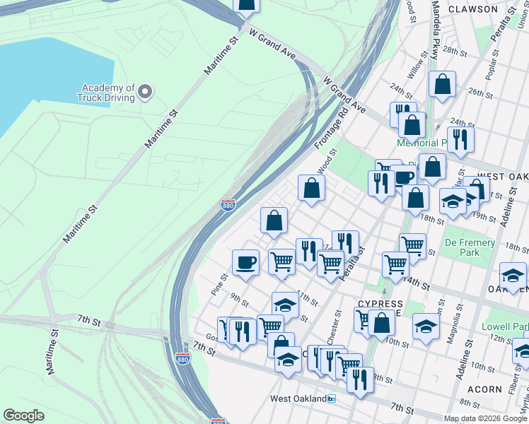 map of restaurants, bars, coffee shops, grocery stores, and more near 1801 14th Street in Oakland